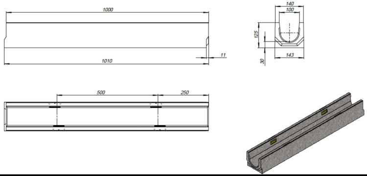 Kanał DN100 H125 C250 12,5x14x100[cm] Odwodnienie Liniowe korytko betonowe / ruszt żeliwny