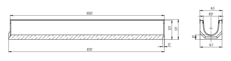 Kanał DN100 H130 C250 13x14x100[cm] Odwodnienie Liniowe korytko betonowe z okuciem / ruszt żeliwny