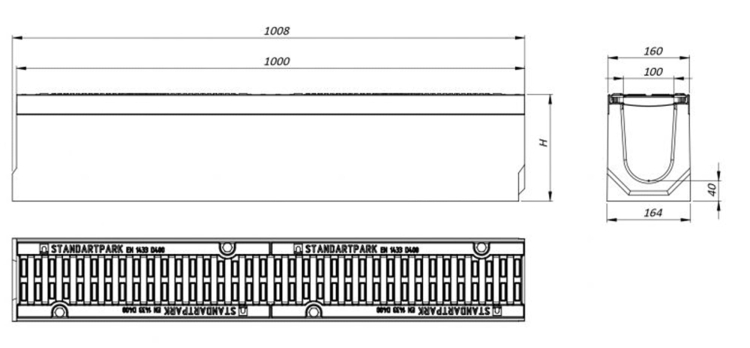 Kanał DN100 H160 D400 BetoMax Drive 16x16x100[cm] Odwodnienie Liniowe korytko betonowe wzmacniane / ruszt żeliwny