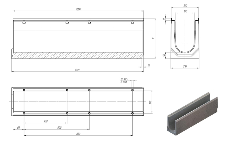 Kanał DN150 H310 D400 31x21x100[cm] Odwodnienie Liniowe korytko betonowe wzmacniane / ruszt żeliwny