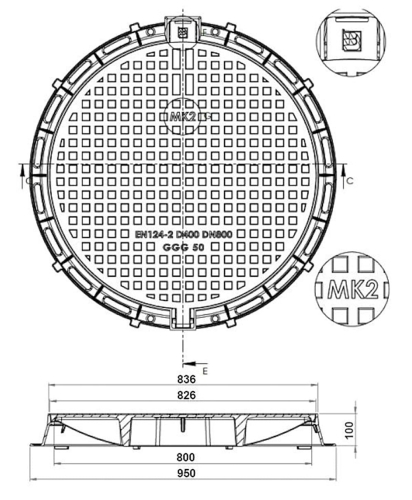 Właz Pokrywa Ø800 D400 80cm (95cm) H100 żeliwny okrągły studzienki studni szamba 40ton