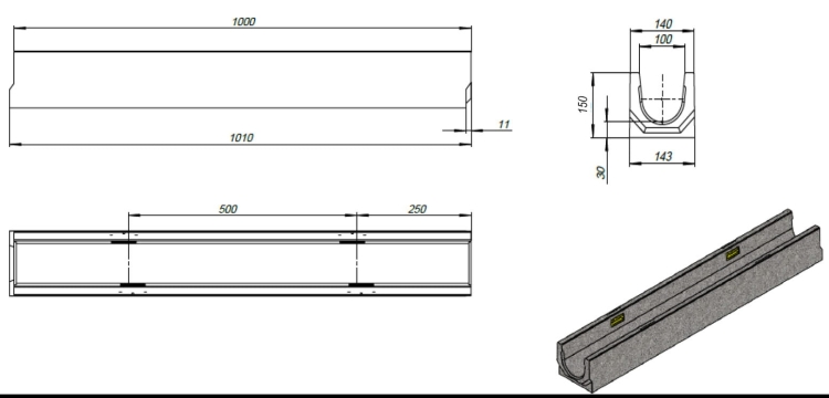 Kanał DN100 H150 C250 15x14x100[cm] Odwodnienie Liniowe korytko betonowe z okuciem / ruszt żeliwny