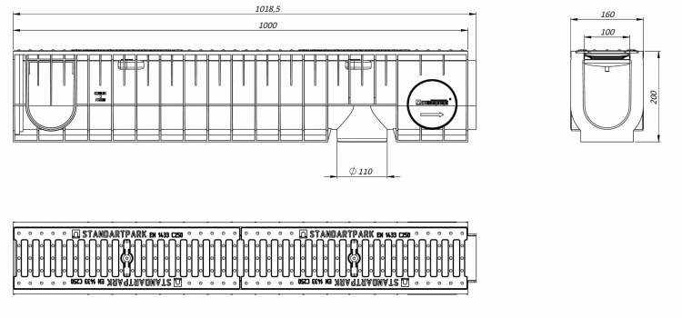 Kanał DN100 H200 C250 PP/ŻEL. 20x16x100[cm] PM BASIC Odwodnienie Liniowe korytko plastikowe / ruszt żeliwny