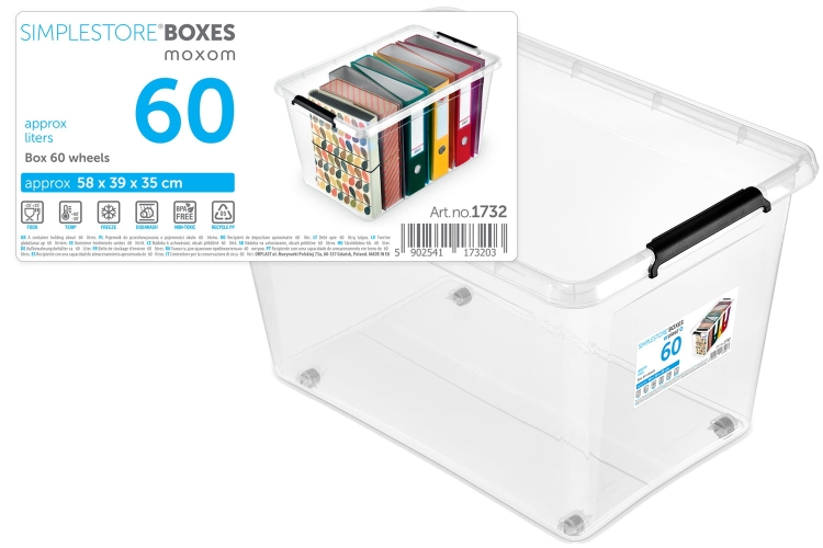 Pojemnik Plastikowy Transparentny 60L z Pokrywą na kółkach SimpleStore Pudło