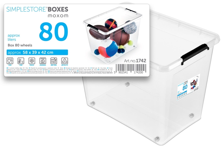 Pojemnik Plastikowy Transparentny 80L z Pokrywą na kółkach SimpleStore Pudło