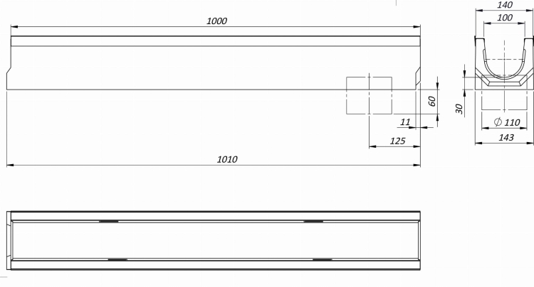 Kanał Z Odpływem DN100 H125 C250 12,5x14x100[cm] korytko betonowe / ruszt żeliwny