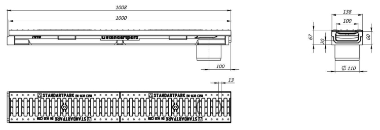 Kanał H60 Z Odpływem DN100 C250 6x13,8x50[cm] PolimeroBeton z okuciem / ruszt żeliwny