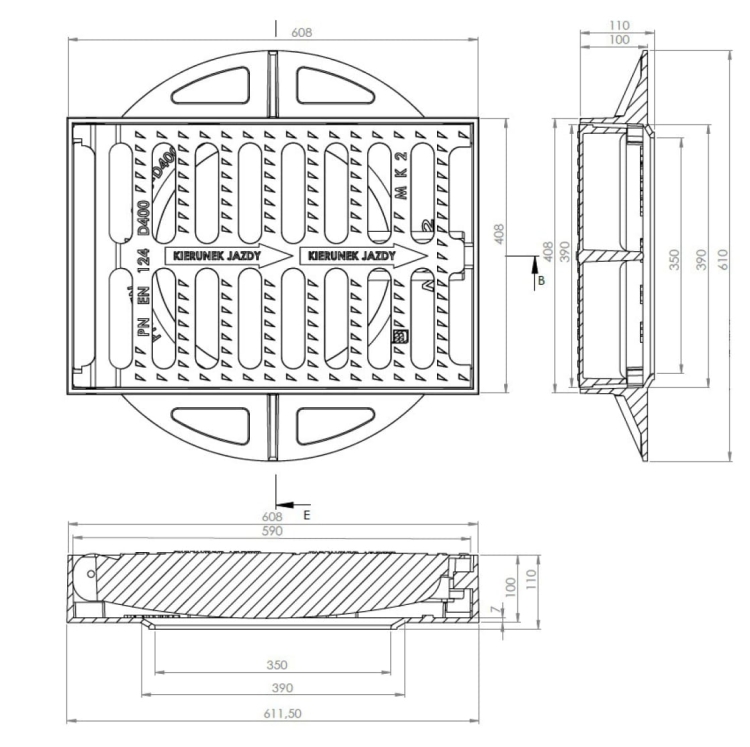 Wpust uliczny BK67 kołnierz 4/4 (pełny) D400 600x400x100mm żeliwny odpływ burzowy deszczowy
