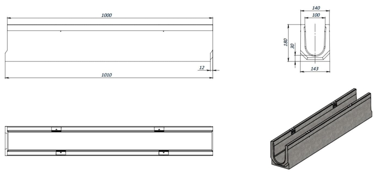 Kanał DN100 H180 C250 18x14x100[cm] korytko betonowe z okuciem / ruszt żeliwny