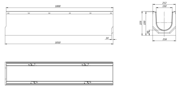 Kanał DN150 H225 C250 22,5x21,6x100[cm] korytko betonowe wzmacniane / ruszt żeliwny