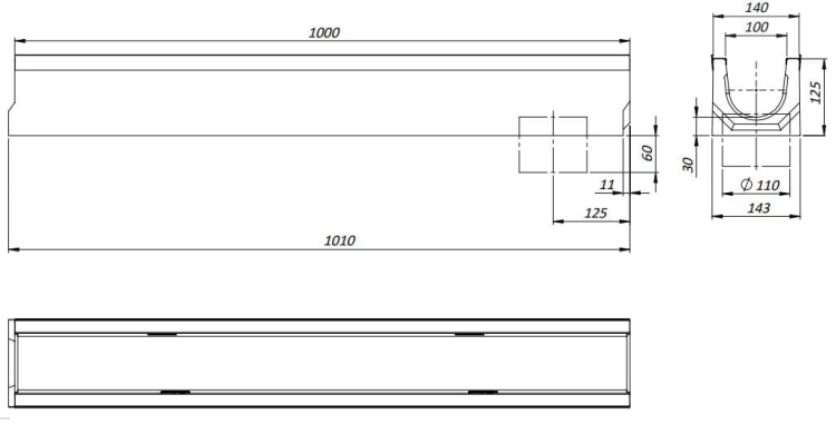 Kanał H125 B125 O.D. 12,5x14x100[cm] korytko betonowe z odpływem / ruszt żeliwny
