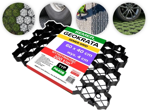 Czarna kratka parkingowo-trawnikowa SEMER GRID PA40B o wymiarach 60 × 40 × 4 cm