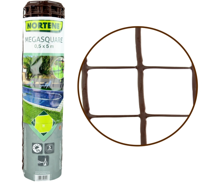 Siatka PCV Brązowa 50cm 5m oczko 50x50mm Nortene Megasquare Brąz Plastikowa 0,5x5m